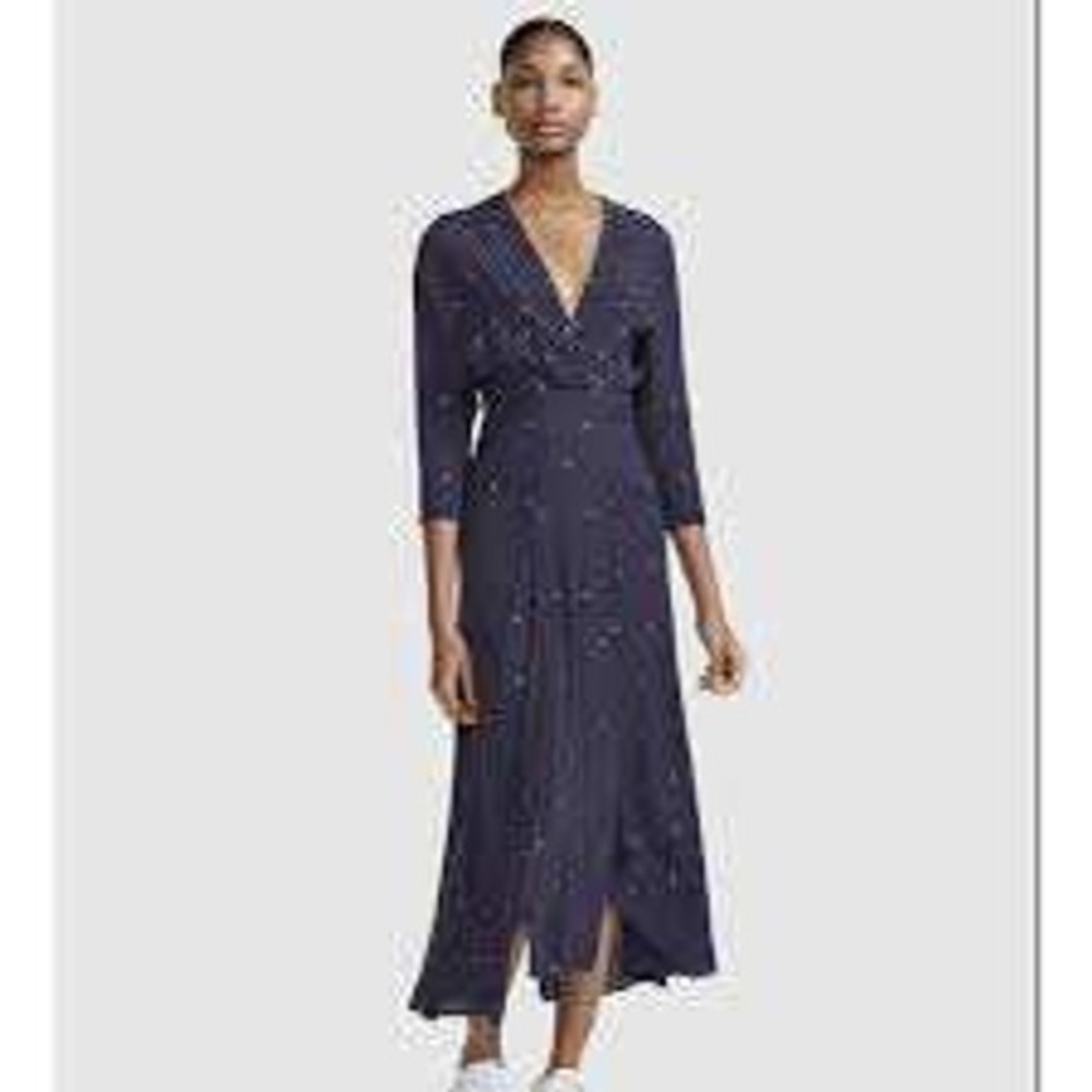Maje Rolene Scarf 3/4 Sleeve Navy Silver Polka Dot Maxi Dress Stretch Waist